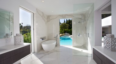 Pocket doors open up this bathroom to spectacular architecture, bathroom, estate, floor, home, interior design, property, real estate, room, gray