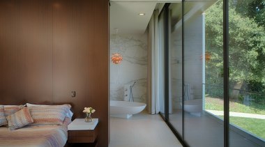 The bedroom and bathroom both enjoy the views architecture, ceiling, door, home, house, interior design, real estate, window, gray, brown
