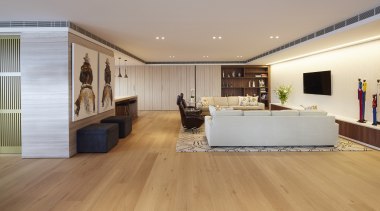 Open plan family living area with cantilevered custom ceiling, floor, flooring, hardwood, interior design, laminate flooring, living room, property, real estate, room, wood, wood flooring, gray, orange