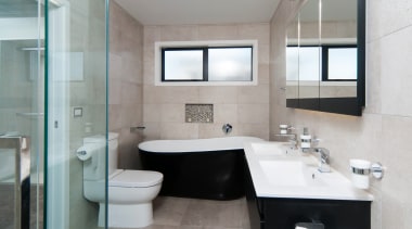 Black, white and warm sandy tones were chosen architecture, bathroom, home, interior design, real estate, room, sink, gray