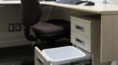 This sturdy 15L Hideaway Bin with over-extending steel desk, furniture, office, office supplies, personal computer, product, product design, black, white