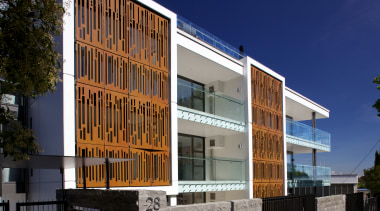 Powdercoated aluminium screens that resemble Corten steel feature apartment, architecture, building, commercial building, condominium, corporate headquarters, elevation, facade, home, house, mixed use, neighbourhood, property, real estate, residential area, window, blue, black