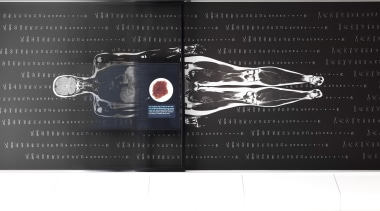 Large animated displays in the foyer of the product, product design, black, white