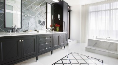 In this master bathroom, the diagonal grid pattern bathroom, bathroom accessory, bathroom cabinet, floor, home, interior design, property, room, sink, white