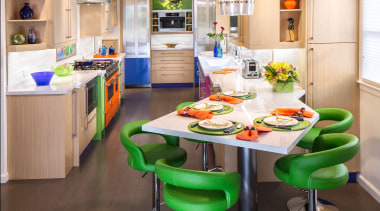 An angled breakfast table maximizes space in the countertop, interior design, kitchen, room, table, white