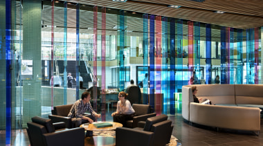 Collaborative spaces in the future workplace may include interior design, lobby, brown