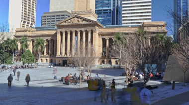 Brisbane City Hall has been restored and updated architecture, building, city, cityscape, daytime, downtown, landmark, metropolis, metropolitan area, plaza, reflection, sky, skyline, skyscraper, tourist attraction, tower, tower block, town square, tree, urban area, blue
