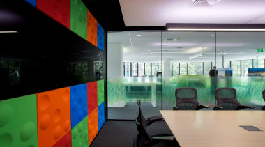 The presentation room on the client floor of architecture, glass, interior design, lobby, office, black