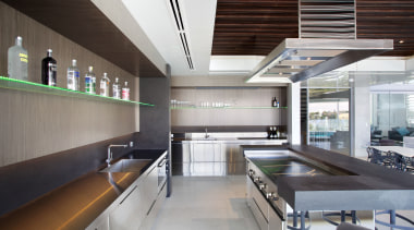 This fully equipped outdoor kitchen designed by Leon countertop, interior design, kitchen, real estate, gray, black