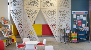 The Waiheke library provides a variety of seating architecture, ceiling, chair, furniture, interior design, room, table, wall, gray