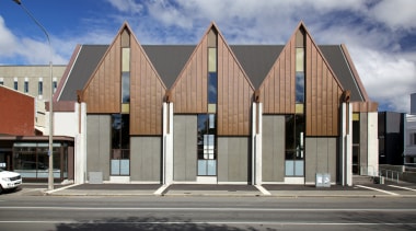 Pre-weathered copper clads the gables of Knox Church architecture, building, commercial building, facade, home, house, real estate, residential area, gray