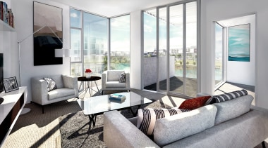 A range of apartment sizes is on offer interior design, living room, property, real estate, room, window, gray, white