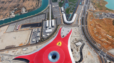 The Ferrari Theme Park features Euramax colour-coated aluminium aerial photography, bird's eye view, city, fixed link, sky, urban area, water, gray