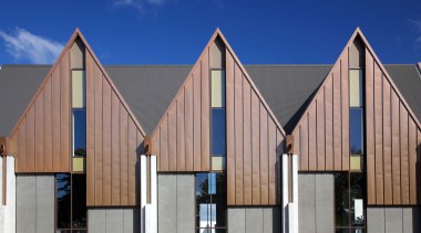 Seismic-engineered windows and doors in Knox Church were architecture, building, commercial building, daylighting, daytime, elevation, facade, home, house, line, real estate, residential area, roof, siding, sky, structure, window, gray, blue