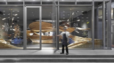 The centrepiece of Raw restaurant in Taipei is display window, glass, window, gray, black