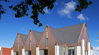 Knox Church in Christchurch features Colorsteel® Endura® roofing architecture, building, facade, home, house, real estate, residential area, sky, blue