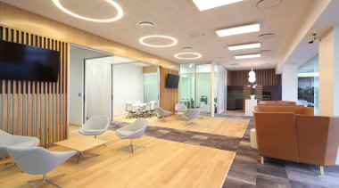 The new office for Bayleys in Remuera Road, ceiling, daylighting, floor, flooring, interior design, lobby, office, real estate, gray, orange