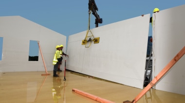 Prefabrication technology is speeding up the build time roof, wall, gray, teal