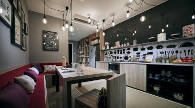 At the opposite end of the open-plan living interior design, black, gray