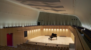 The 400-seat concert chamber at The Blyth Performing architecture, auditorium, ceiling, concert hall, daylighting, floor, flooring, interior design, performing arts center, stairs, theatre, tourist attraction, wall, wood, brown