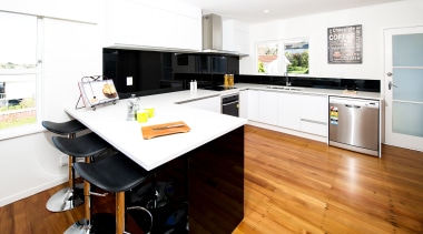 Back-painted black glass and white high-gloss acrylic with countertop, floor, hardwood, interior design, kitchen, real estate, room, wood flooring, white