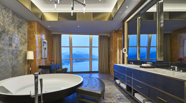 With many similar treatments to the bedroom, this architecture, bathroom, ceiling, estate, interior design, real estate, room, gray, black