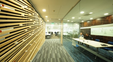 Internal glass walls in this Canam fit-out for architecture, ceiling, daylighting, interior design, lobby, wood, brown