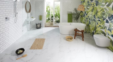Light, breezy and packed with functionality, this bathroom bathroom, floor, flooring, home, interior design, property, room, tile, wall, white, gray
