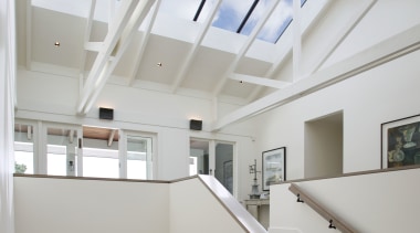 Timberworld provided all lining and insulation for this architecture, ceiling, daylighting, handrail, home, house, interior design, loft, product design, stairs, window, gray
