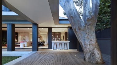 The minimalist kitchen in this new living pavilion architecture, daylighting, estate, home, house, interior design, real estate, window, wood, gray