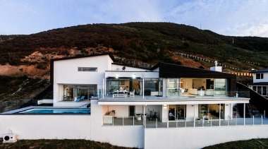 This seaside home by architect Stephan Meijer sits architecture, home, house, property, real estate, villa, black, white