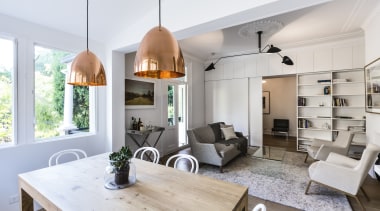 For this apartment renovation project, the architraves and interior design, living room, white, gray