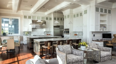 This kitchen by designer Shirley McFarlane has a ceiling, countertop, home, interior design, kitchen, living room, real estate, room, gray