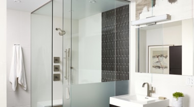In this apartment project, the master suite shower bathroom, floor, interior design, sink, gray, white