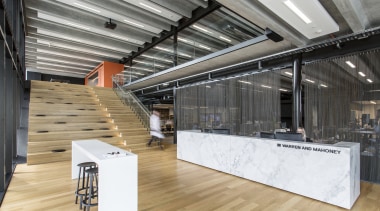 Warren and Mahoneys own studio features a stairway architecture, interior design, gray