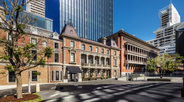 A group of late 19th Century heritage listed apartment, architecture, building, city, cityscape, commercial building, condominium, corporate headquarters, daytime, downtown, facade, home, house, landmark, metropolis, metropolitan area, mixed use, neighbourhood, plaza, real estate, residential area, sky, skyscraper, tower block, tree, urban area, urban design, black