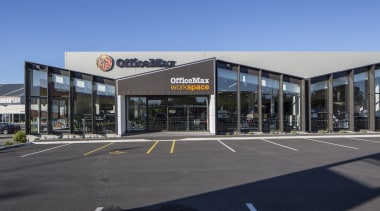The flagship new OfficeMax workspace store in Christchurch building, car, car dealership, commercial building, corporate headquarters, mixed use, real estate, sky, teal, gray