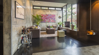 This North Perth renovation by Arc seven.1 took interior design, living room, lobby, gray, black