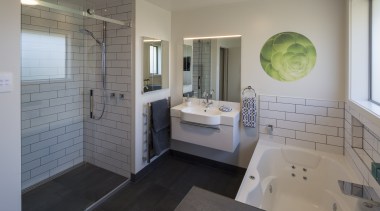 Additional space was borrowed from an adjacent linen architecture, bathroom, floor, home, house, interior design, real estate, room, gray