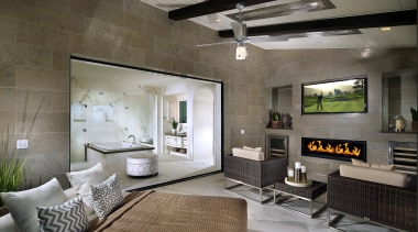 Indoors and outdoors blur in this bathroom suite ceiling, home, interior design, interior designer, living room, loft, real estate, room, wall, gray