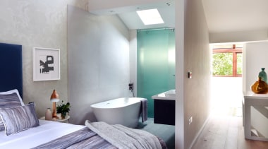 This whole-house renovation included creating a brand new architecture, bedroom, ceiling, floor, home, house, interior design, real estate, room, wall, gray