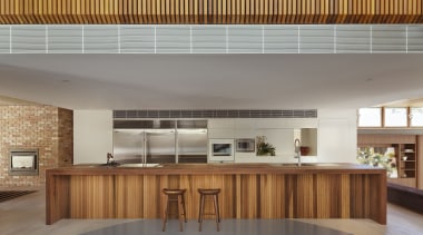 A six-metre long island with a spotted gum architecture, ceiling, daylighting, house, interior design, kitchen, lobby, real estate, wood, gray, brown