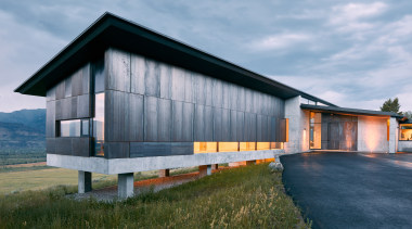 To meet the owners request for a maintenance-free architecture, building, facade, home, house, real estate, shed, sky, gray