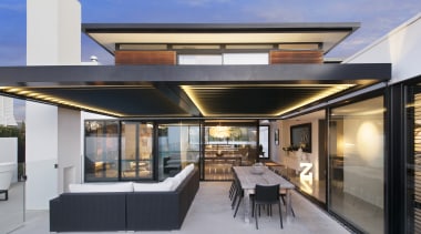 This home by designer Darren O'Neil is a architecture, daylighting, house, interior design, real estate, roof, gray