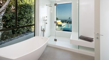 Placing the shower next to the window in bathroom, estate, floor, interior design, property, real estate, room, window, white