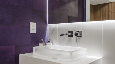 Take two white walls, a white marble floor architecture, bathroom, bathroom accessory, bathroom sink, ceramic, floor, interior design, plumbing fixture, product design, purple, sink, tap, tile, gray, purple