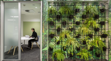 ​​​​​​​These quiet rooms are fronted by a architecture, grass, green, plant, tree, gray