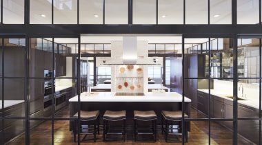 This homes entertaining kitchen is a fully equipped, architecture, interior design, lobby, black, white