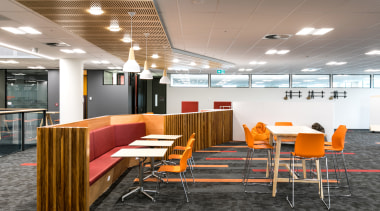 Tea stations feature natural wood joinery custom made ceiling, chair, conference hall, furniture, interior design, office, table, gray, white