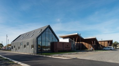 Miles Construction in conjunction with Lanyon &amp; Le architecture, building, facade, home, house, property, real estate, residential area, shed, sky, teal